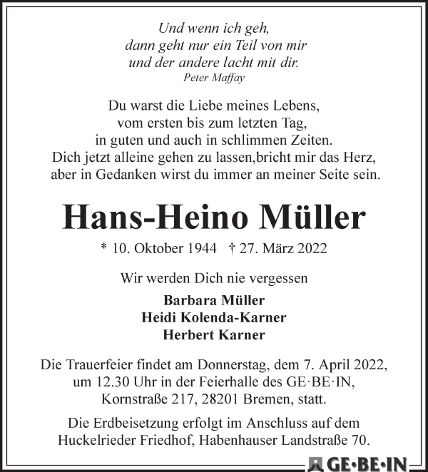 Traueranzeige von Hans-Heino Müller von WESER-KURIER