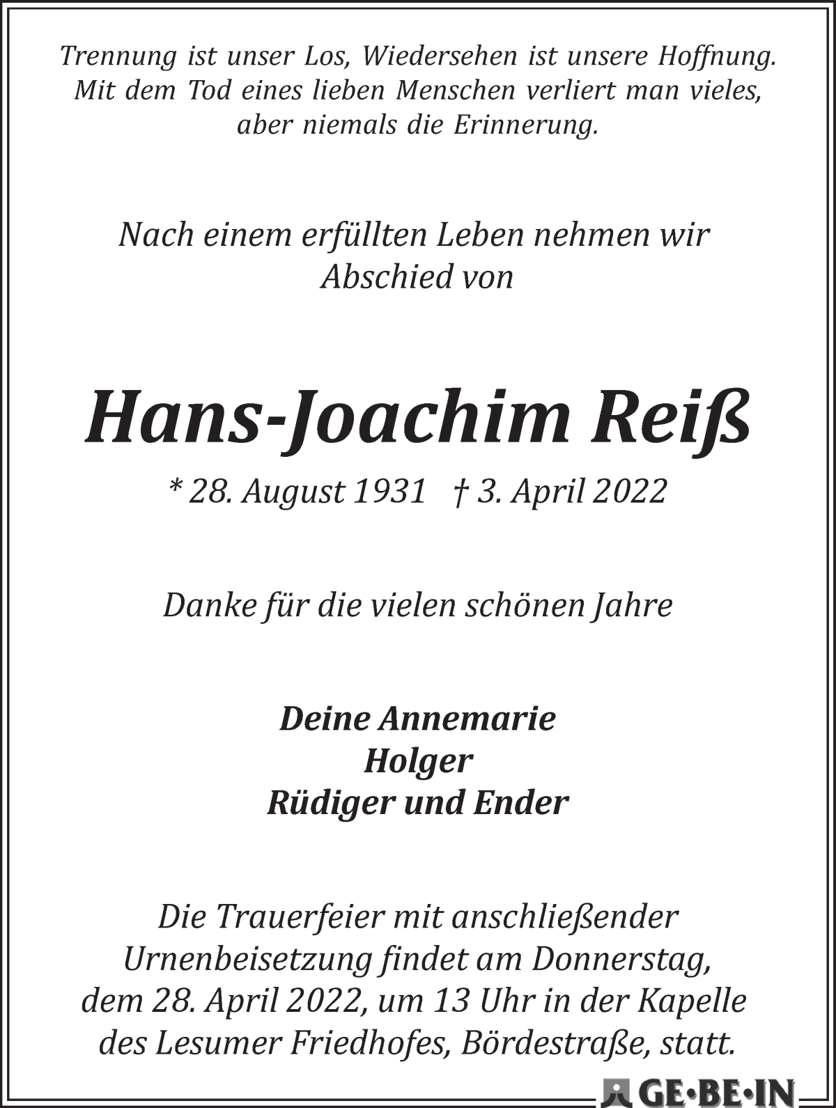  Traueranzeige für Hans-Joachim Reiß vom 23.04.2022 aus WESER-KURIER