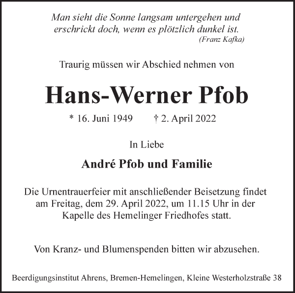Traueranzeige von Hans-Werner Pfob von WESER-KURIER