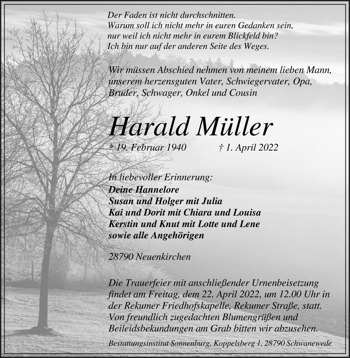 Traueranzeige von Harald Müller von Die Norddeutsche