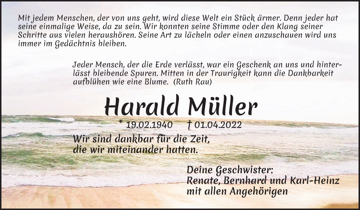 Traueranzeige von Harald Müller von Die Norddeutsche