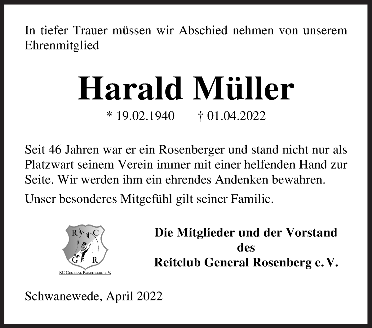 Traueranzeige von Harald Müller von Die Norddeutsche