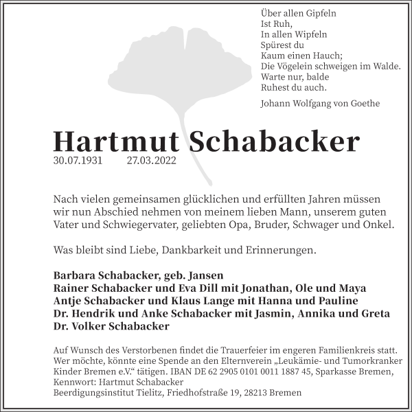 Traueranzeige von Hartmut Schabacker von WESER-KURIER