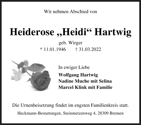 Traueranzeige von Heiderose Hartwig von WESER-KURIER