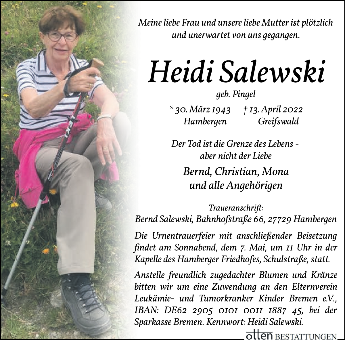  Traueranzeige für Heidi Salewski vom 27.04.2022 aus Osterholzer Kreisblatt