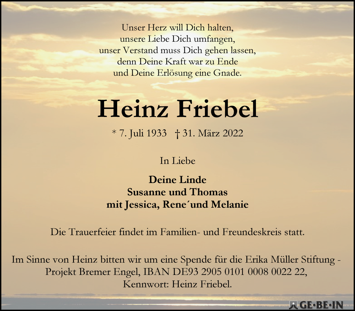 Traueranzeige für Heinz Friebel vom 09.04.2022 aus WESER-KURIER