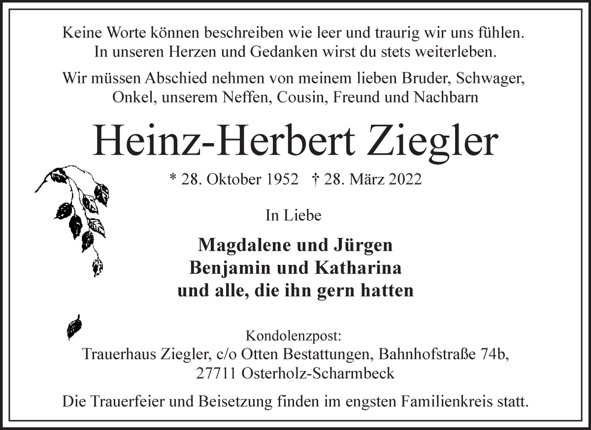  Traueranzeige für Heinz-Herbert Ziegler vom 05.04.2022 aus Osterholzer Kreisblatt