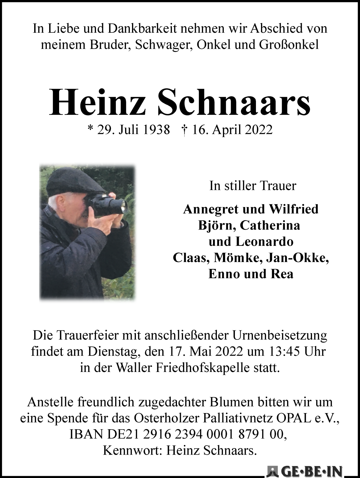  Traueranzeige für Heinz Schnaars vom 23.04.2022 aus WESER-KURIER