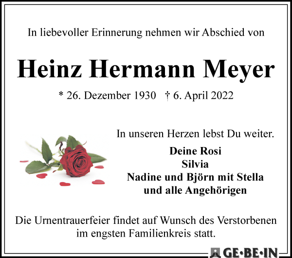 Traueranzeigen von Heinz Hermann Meyer | Trauer & Gedenken