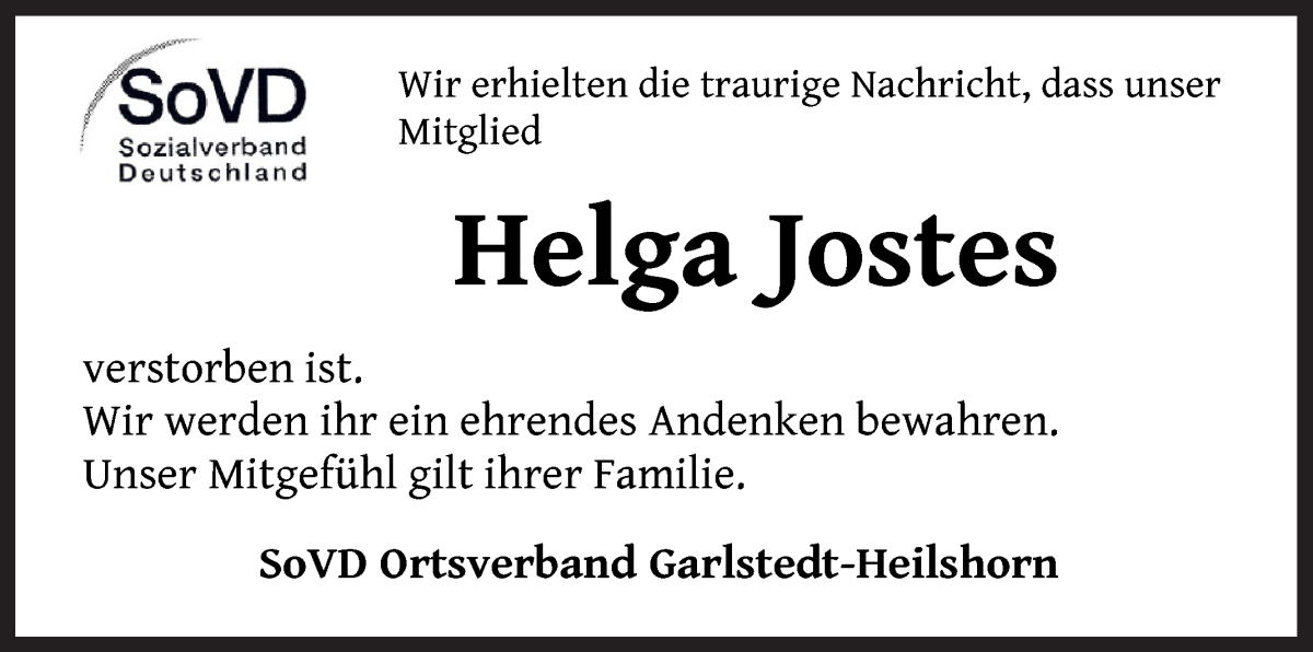 Traueranzeige von Helga Jostes von Osterholzer Kreisblatt