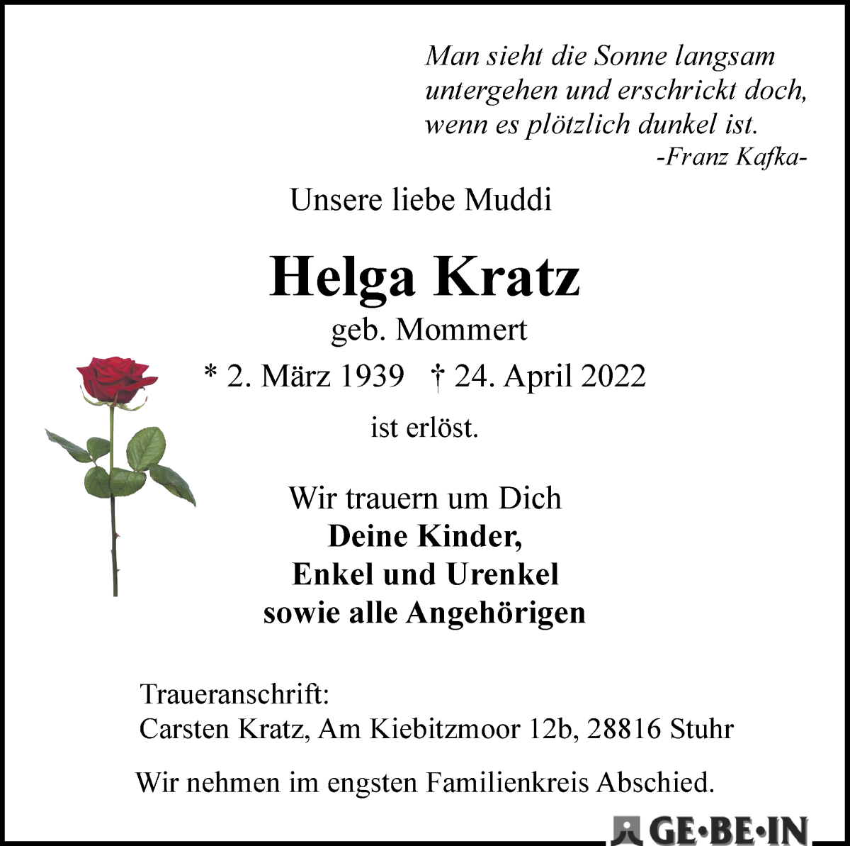 Traueranzeige von Helga Kratz von WESER-KURIER