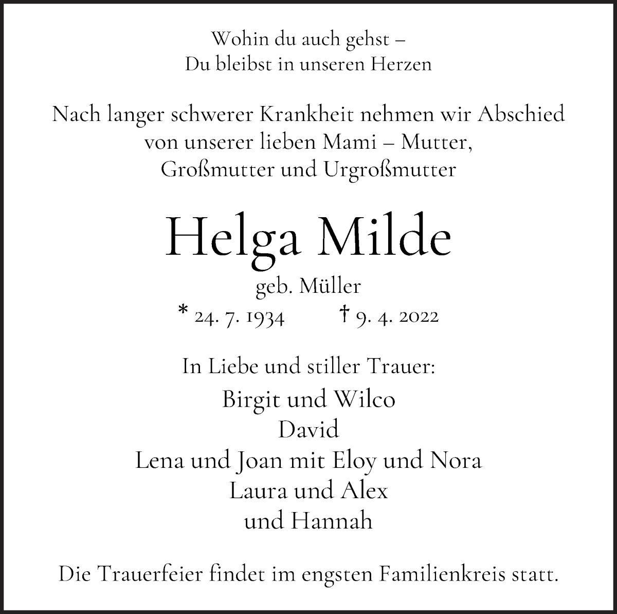  Traueranzeige für Helga Milde vom 13.04.2022 aus WESER-KURIER