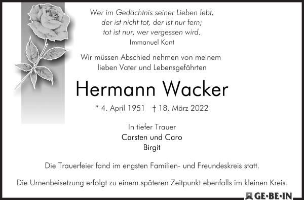 Traueranzeige von Hermann Wacker von WESER-KURIER