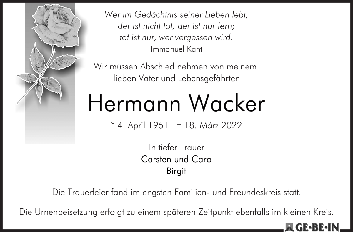  Traueranzeige für Hermann Wacker vom 02.04.2022 aus WESER-KURIER
