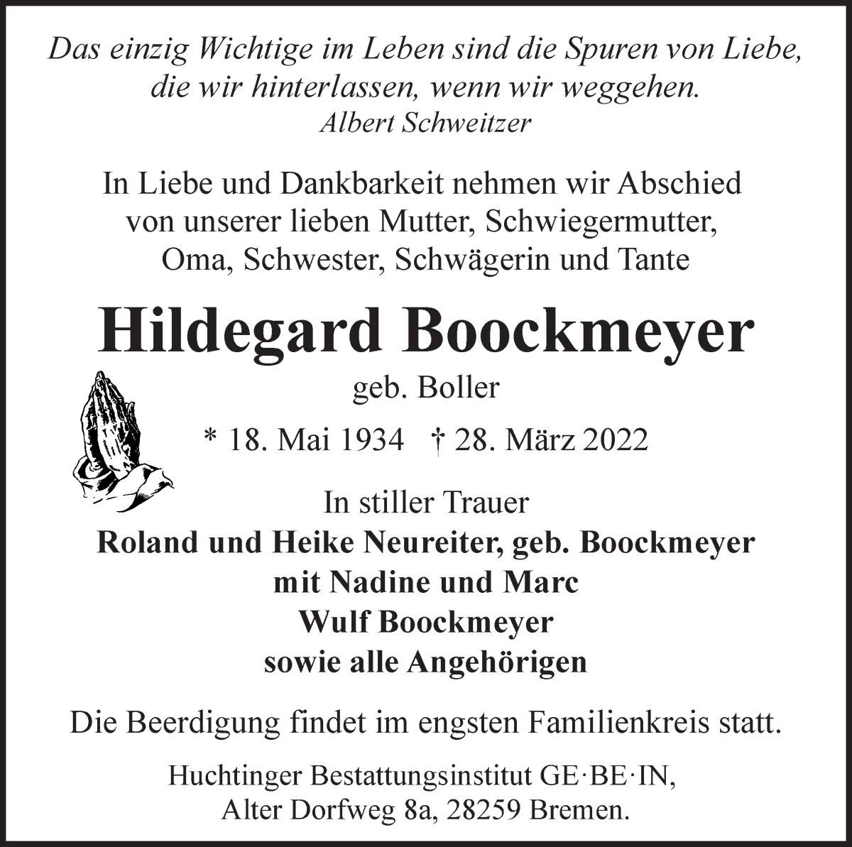  Traueranzeige für Hildegard Boockmeyer vom 09.04.2022 aus WESER-KURIER