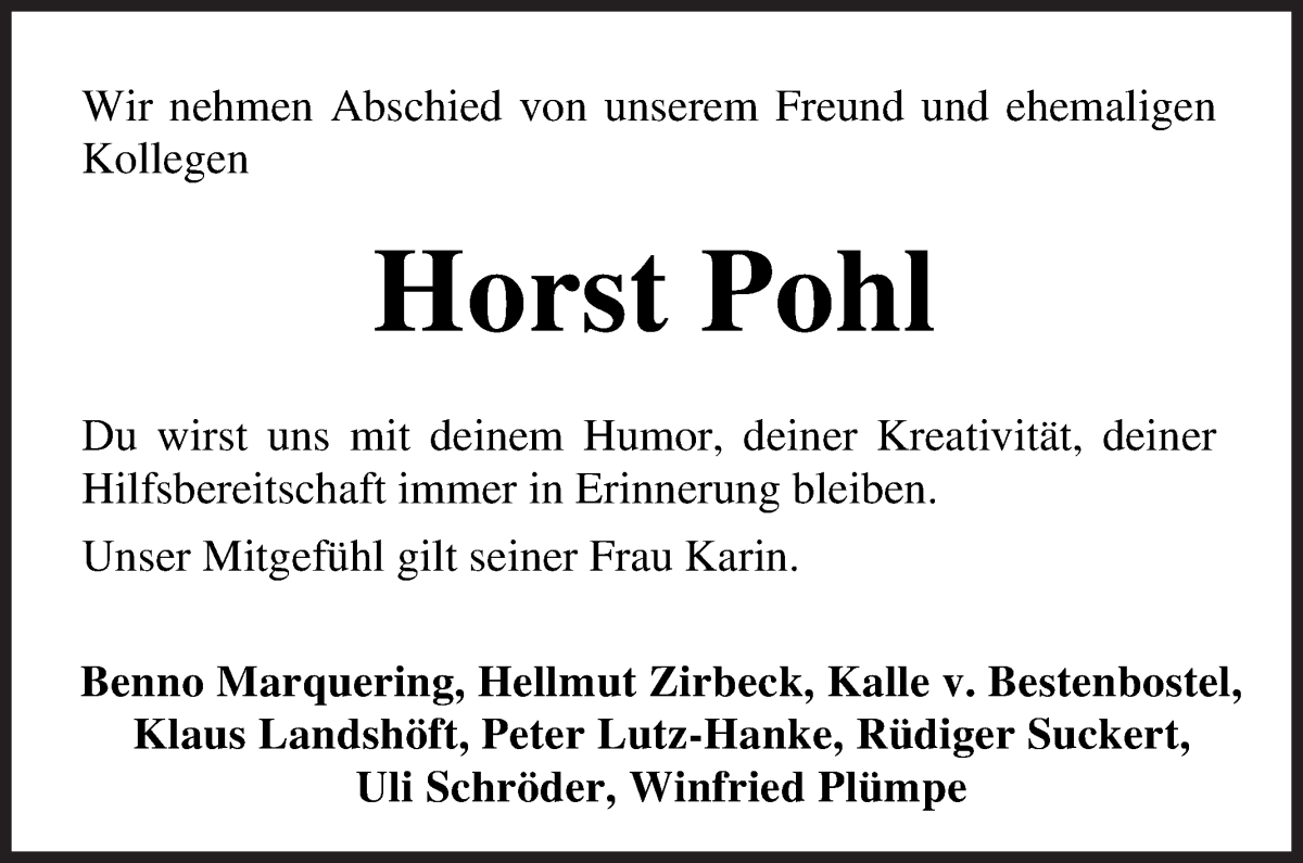 Traueranzeige für Horst Pohl vom 02.04.2022 aus Osterholzer Kreisblatt