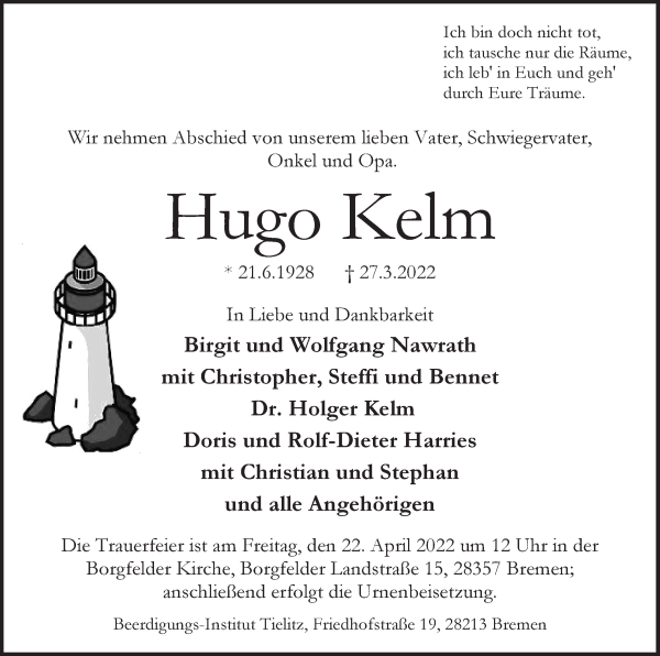 Traueranzeige von Hugo Kelm von WESER-KURIER