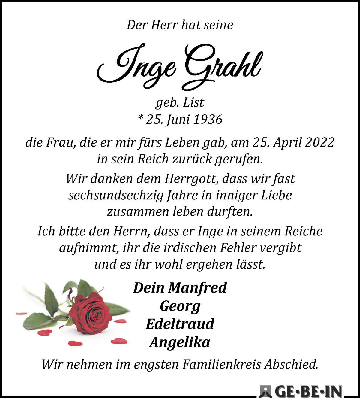  Traueranzeige für Inge Grahl vom 30.04.2022 aus WESER-KURIER
