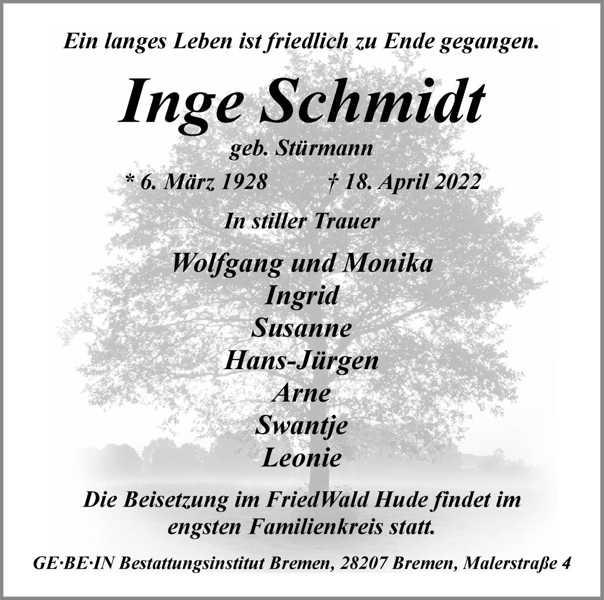 Traueranzeige von Inge Schmidt von WESER-KURIER