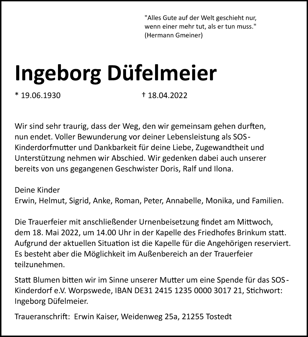  Traueranzeige für Ingeborg Düfelmeier vom 30.04.2022 aus Regionale Rundschau/Syker Kurier