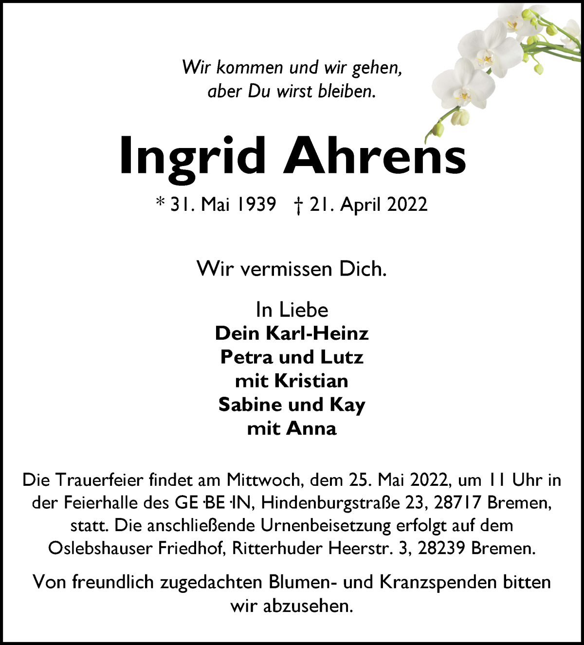  Traueranzeige für Ingrid Ahrens vom 30.04.2022 aus WESER-KURIER