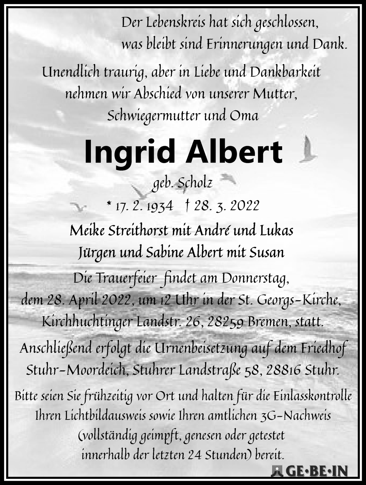 Traueranzeige von Ingrid Albert von WESER-KURIER