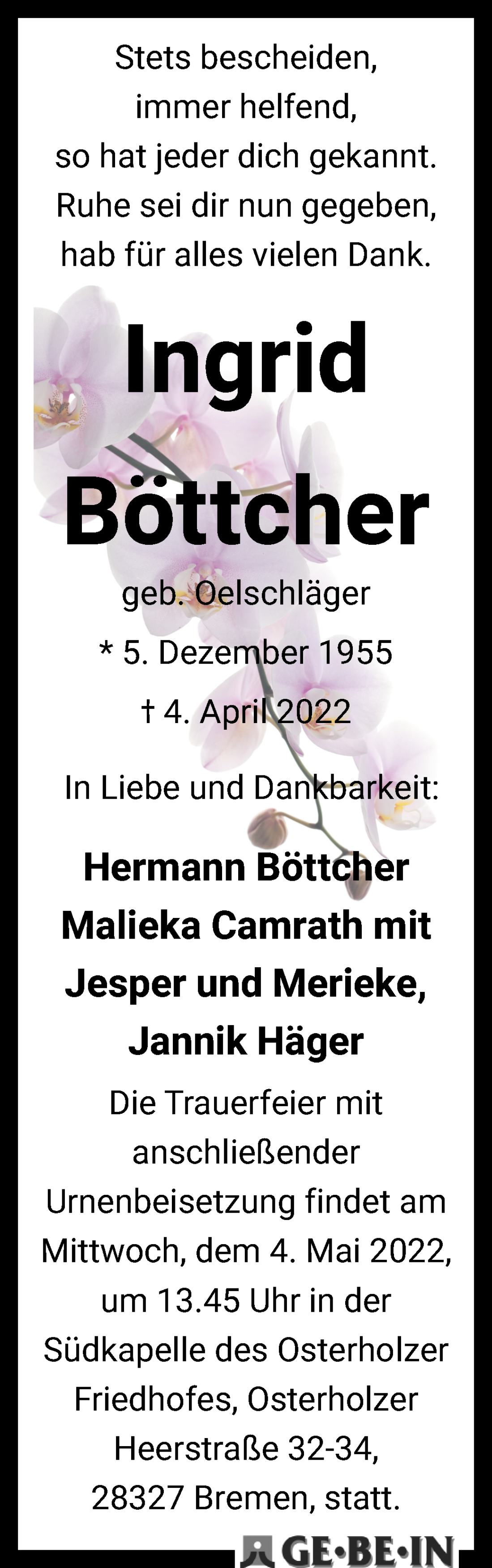 Traueranzeige von Ingrid Böttcher von WESER-KURIER