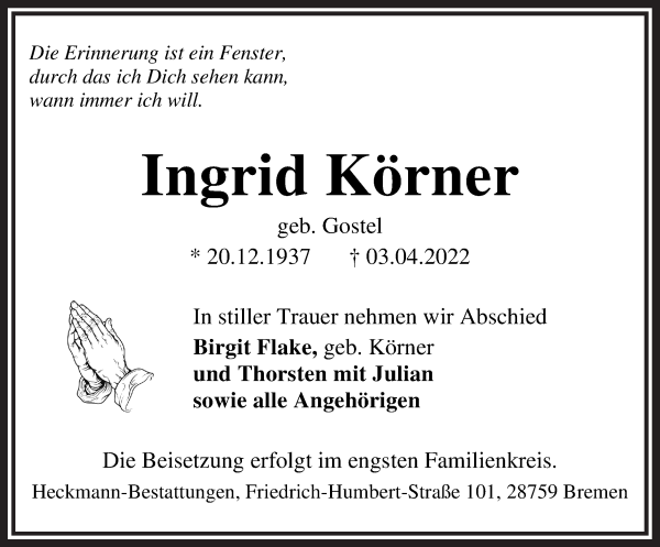 Traueranzeige von Ingrid Körner von Die Norddeutsche