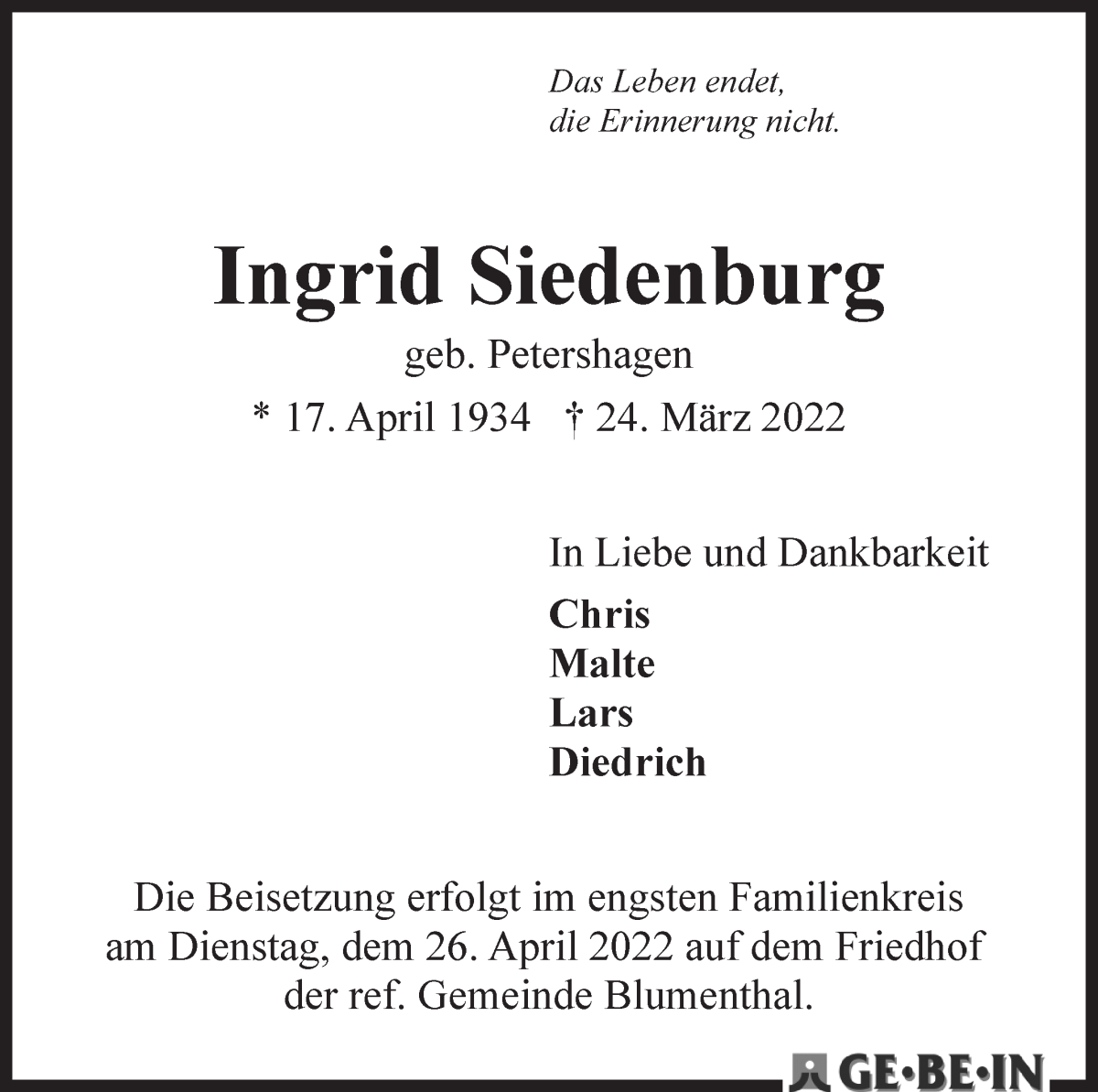  Traueranzeige für Ingrid Siedenburg vom 09.04.2022 aus Die Norddeutsche