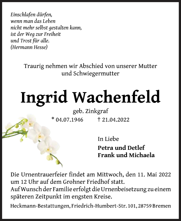 Traueranzeige von Ingrid Wachenfeld von Die Norddeutsche