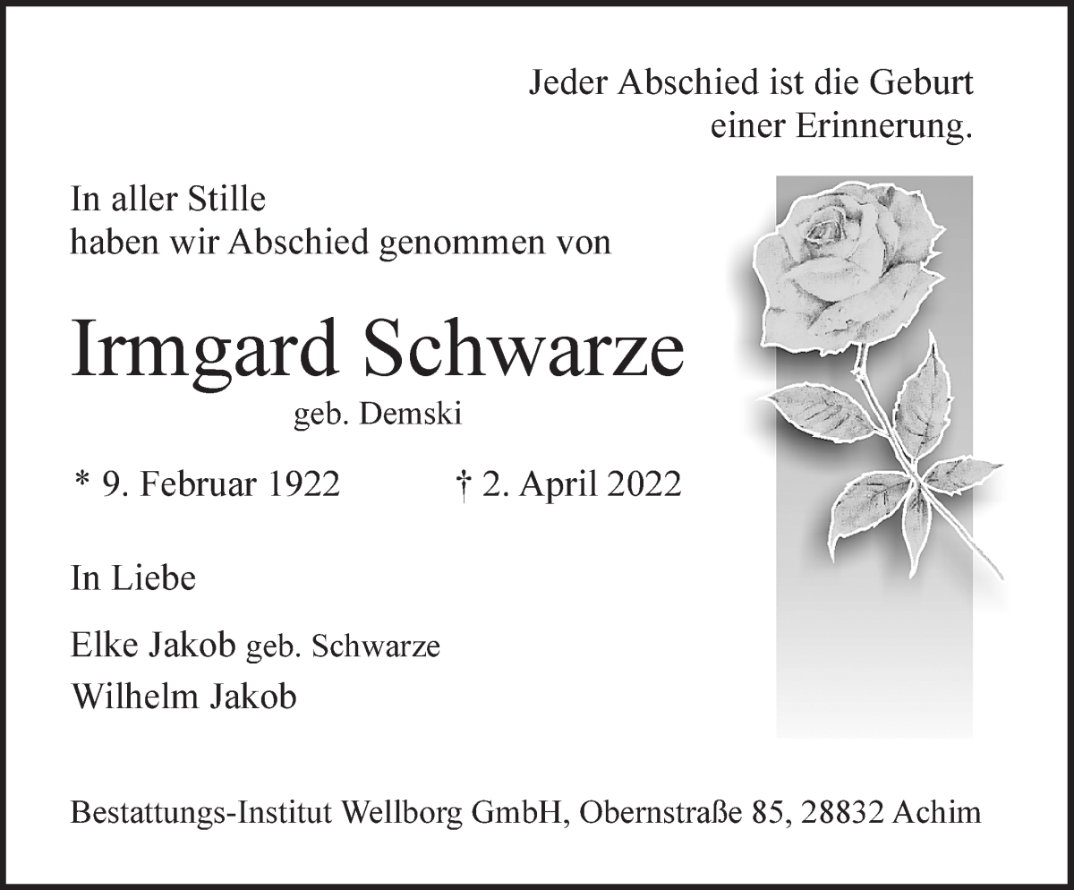  Traueranzeige für Irmgard Schwarze vom 09.04.2022 aus WESER-KURIER