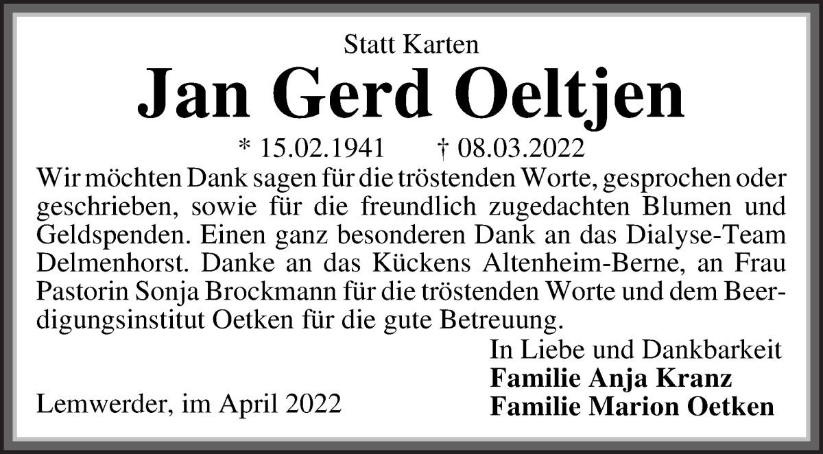 Traueranzeige von Jan Gerd Oeltjen von Die Norddeutsche