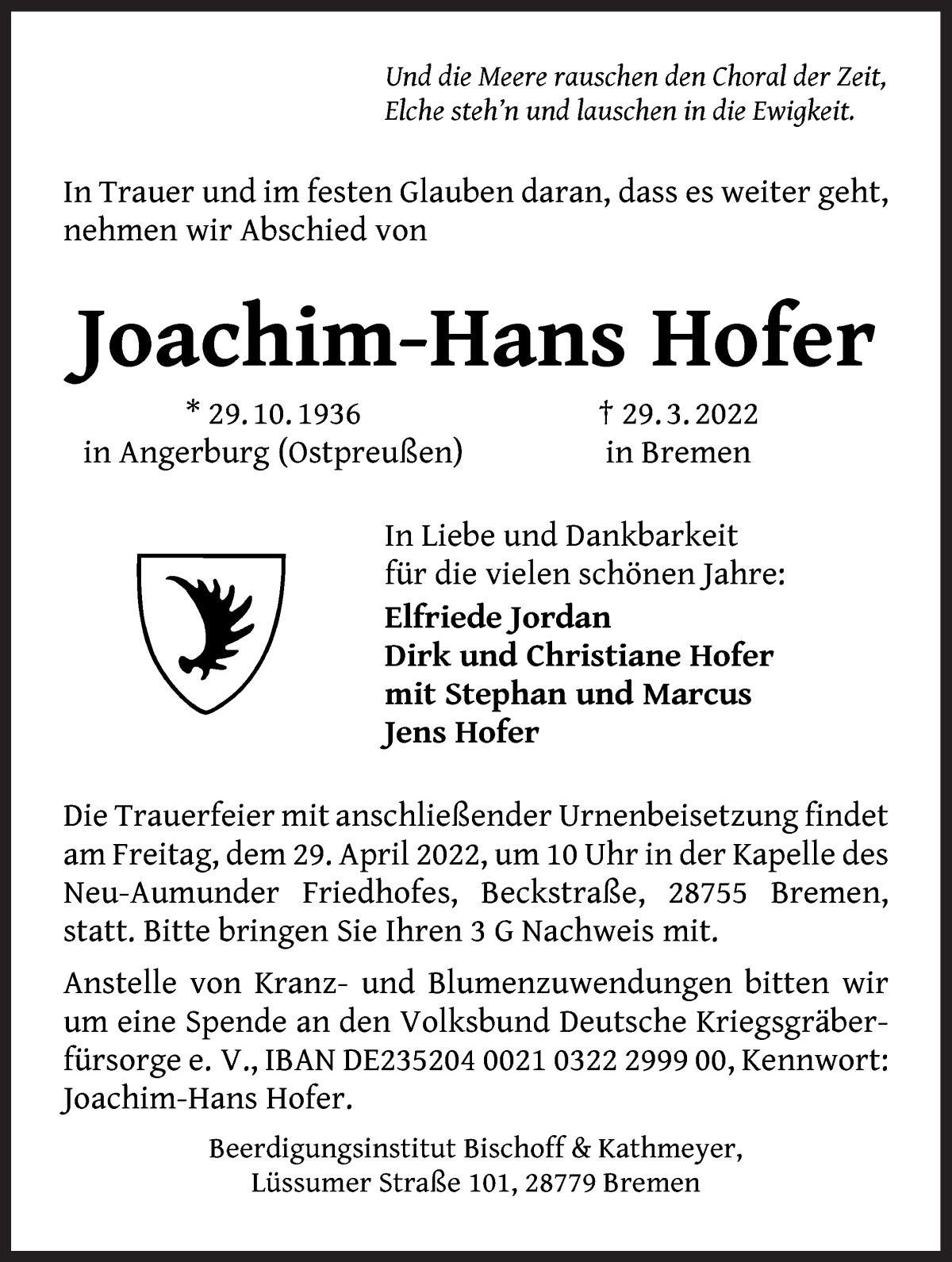 Traueranzeige für Joachim-Hans Hofer vom 23.04.2022 aus Die Norddeutsche