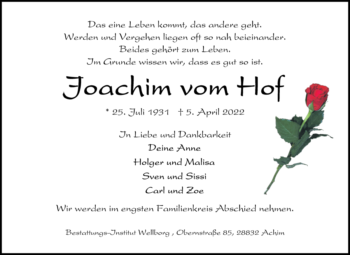  Traueranzeige für Joachim vom Hof vom 16.04.2022 aus Achimer Kurier/Verdener Nachrichten