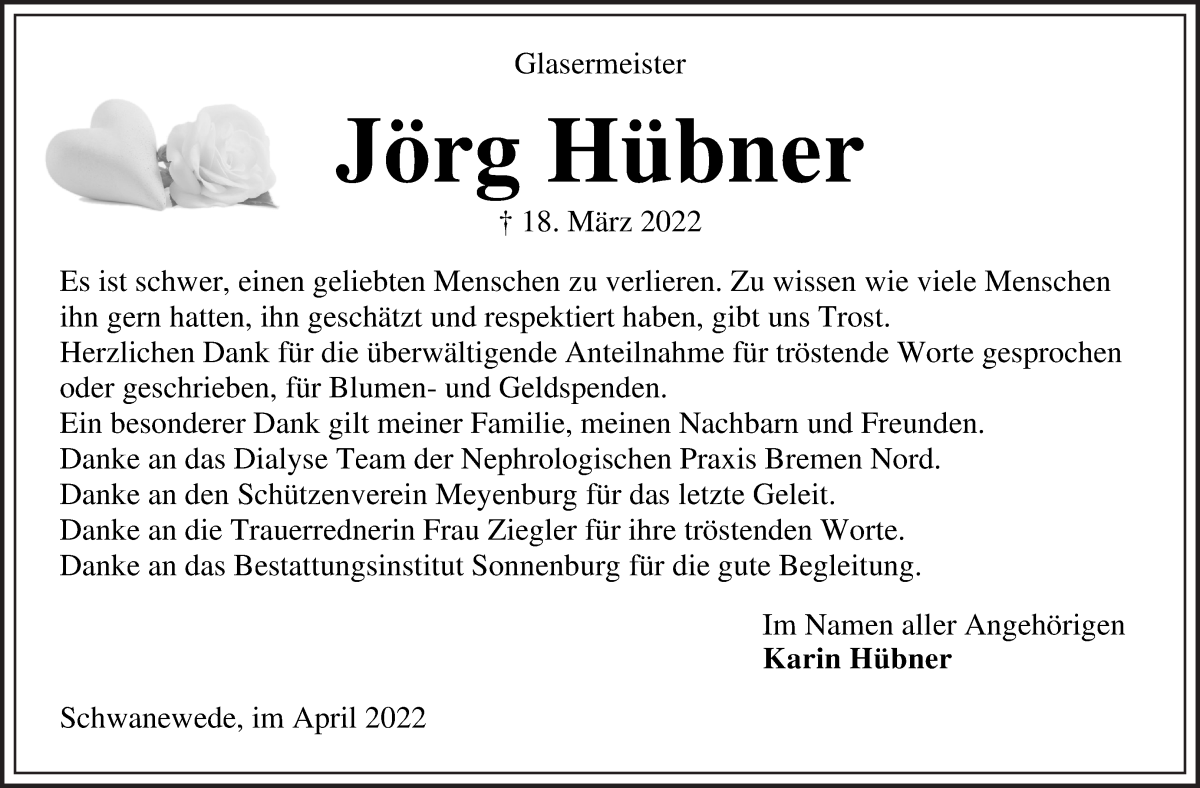  Traueranzeige für Jörg Hübner vom 30.04.2022 aus Die Norddeutsche