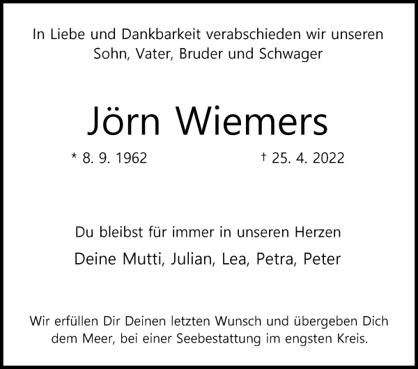 Traueranzeige von Jörn Wiemers von WESER-KURIER