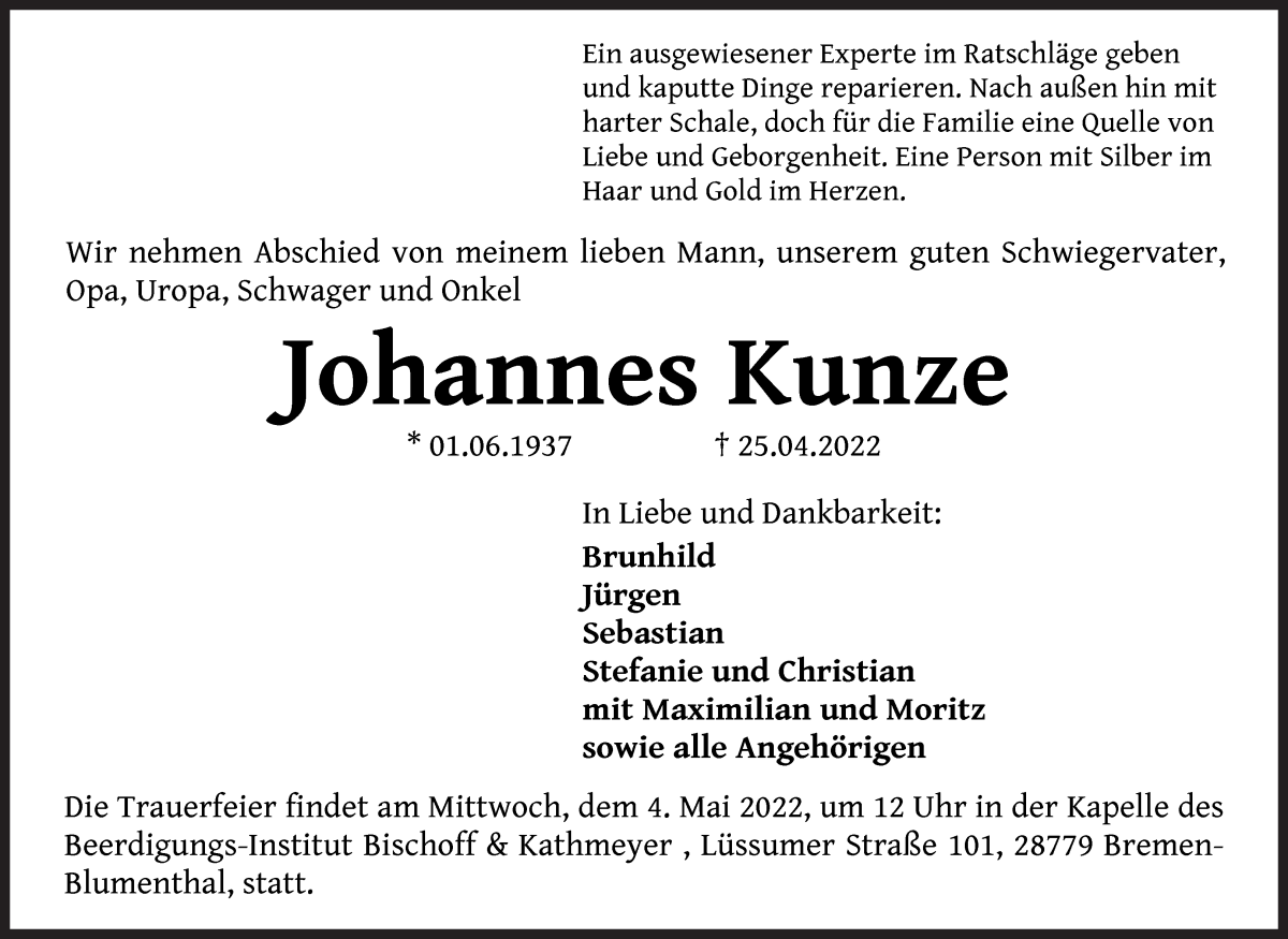  Traueranzeige für Johannes Kunze vom 30.04.2022 aus Die Norddeutsche