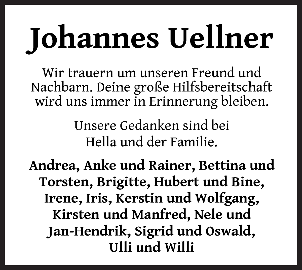Traueranzeige von Johannes Uellner von WESER-KURIER