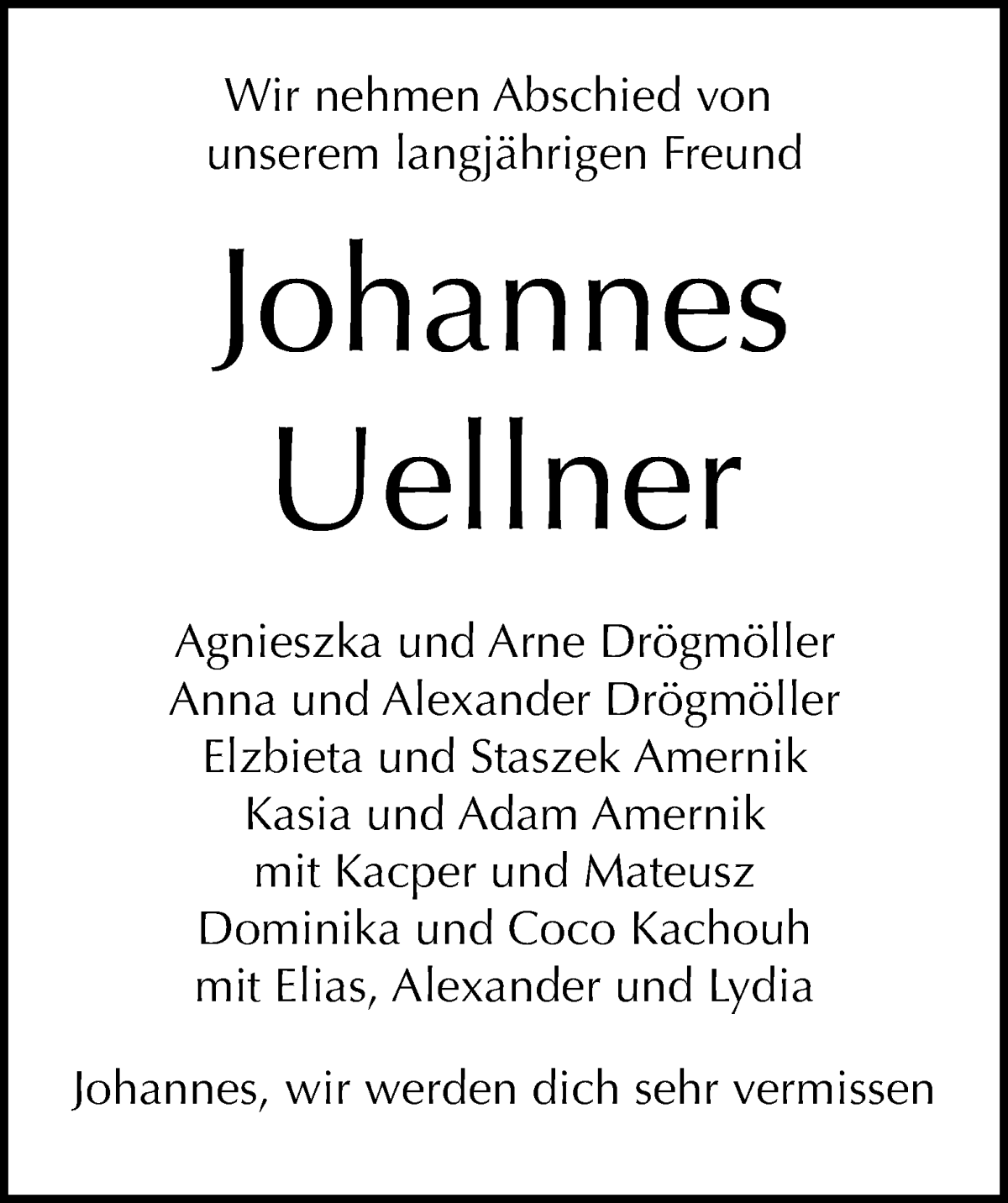 Traueranzeige von Johannes Uellner von WESER-KURIER