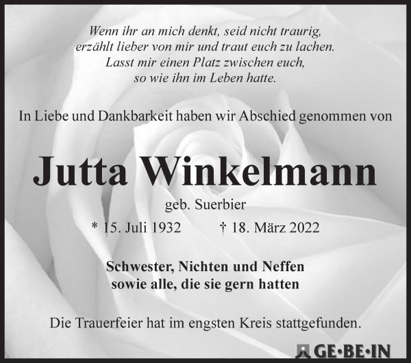 Traueranzeige von Jutta Winkelmann von WESER-KURIER