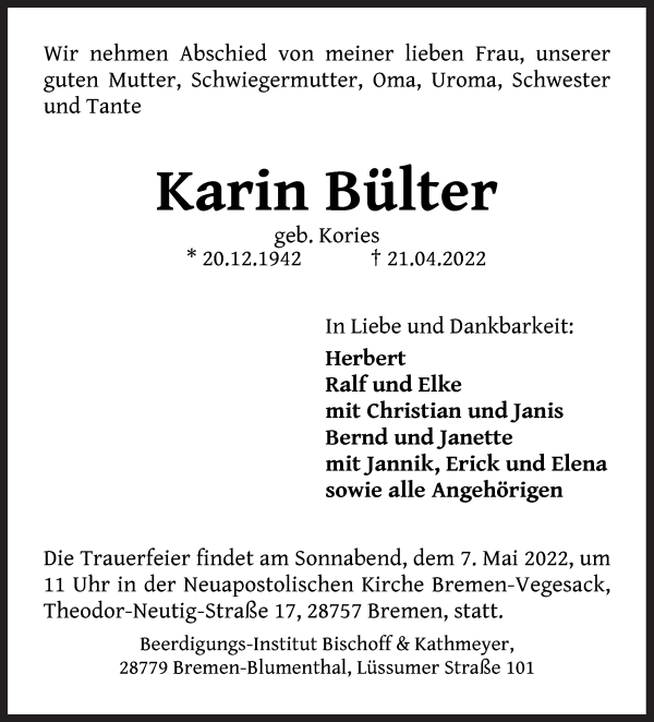 Traueranzeige von Karin Bülter von Die Norddeutsche