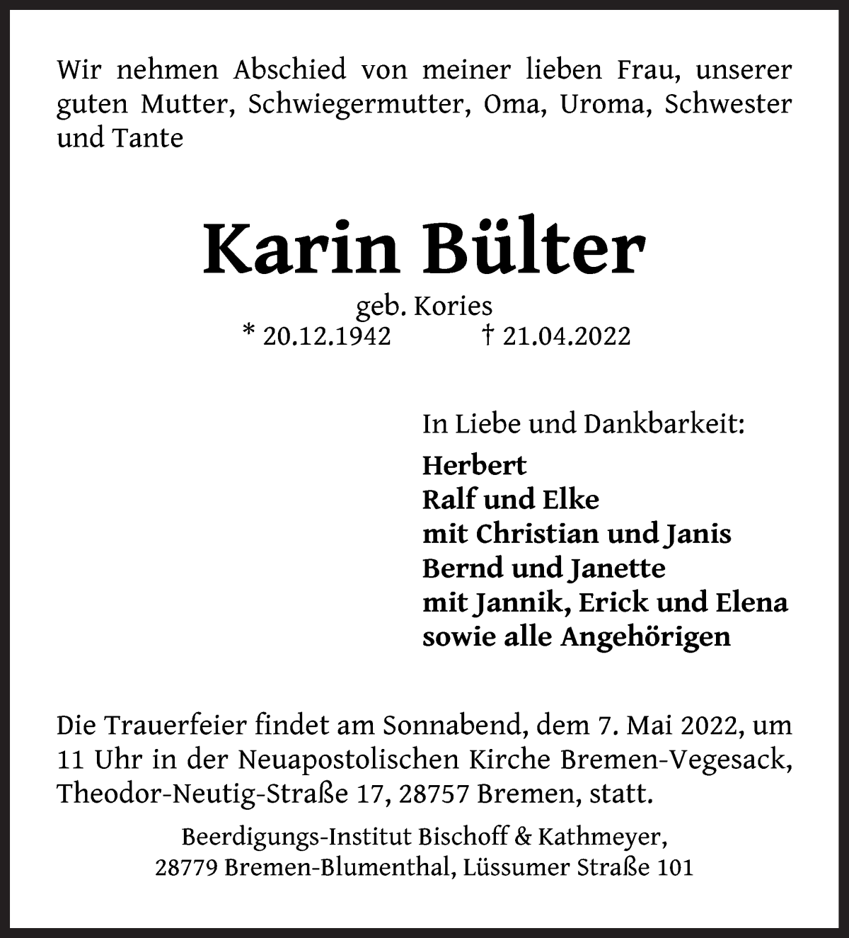  Traueranzeige für Karin Bülter vom 30.04.2022 aus Die Norddeutsche