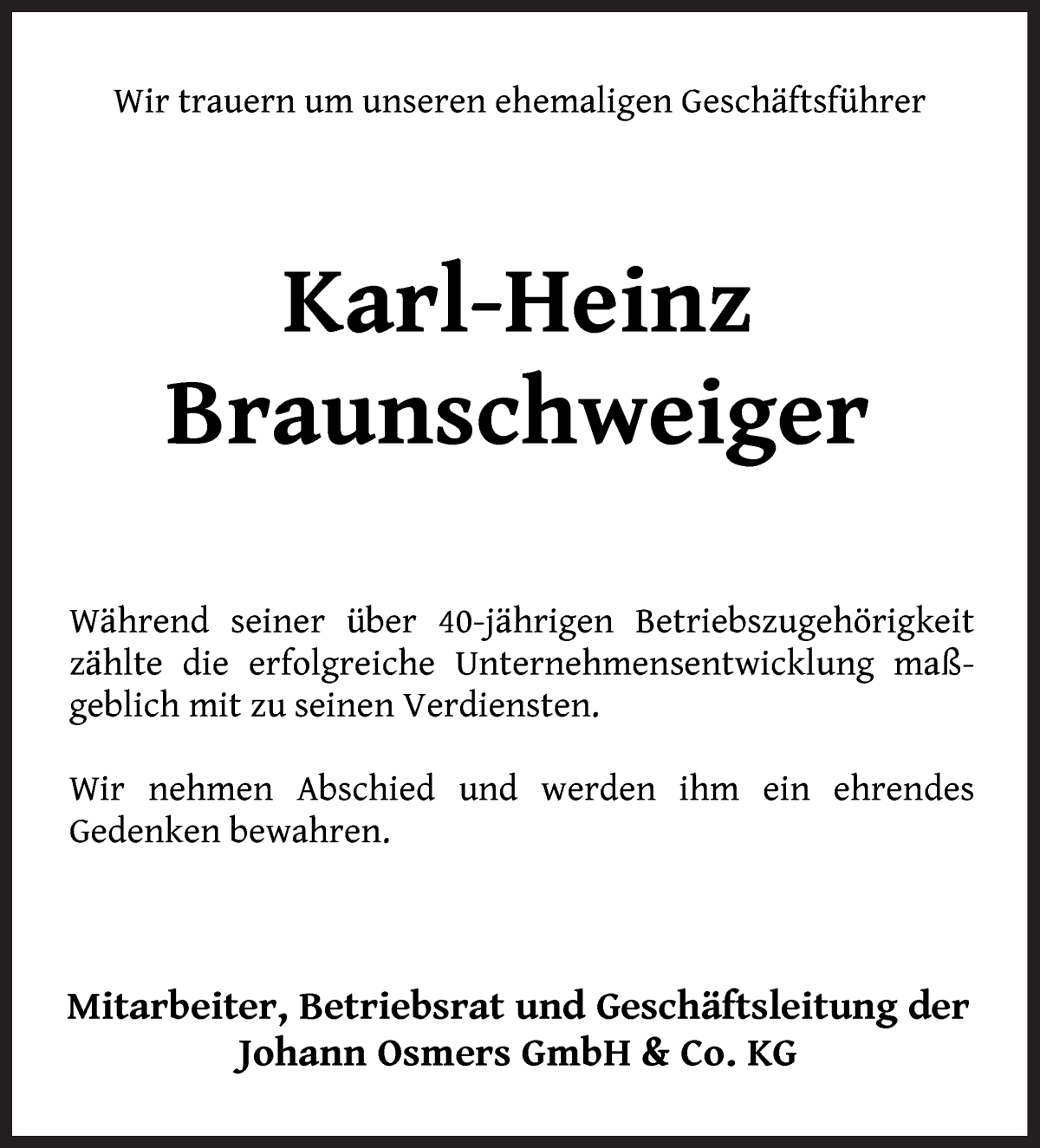 Traueranzeige von Karl-Heinz Braunschweiger von WESER-KURIER