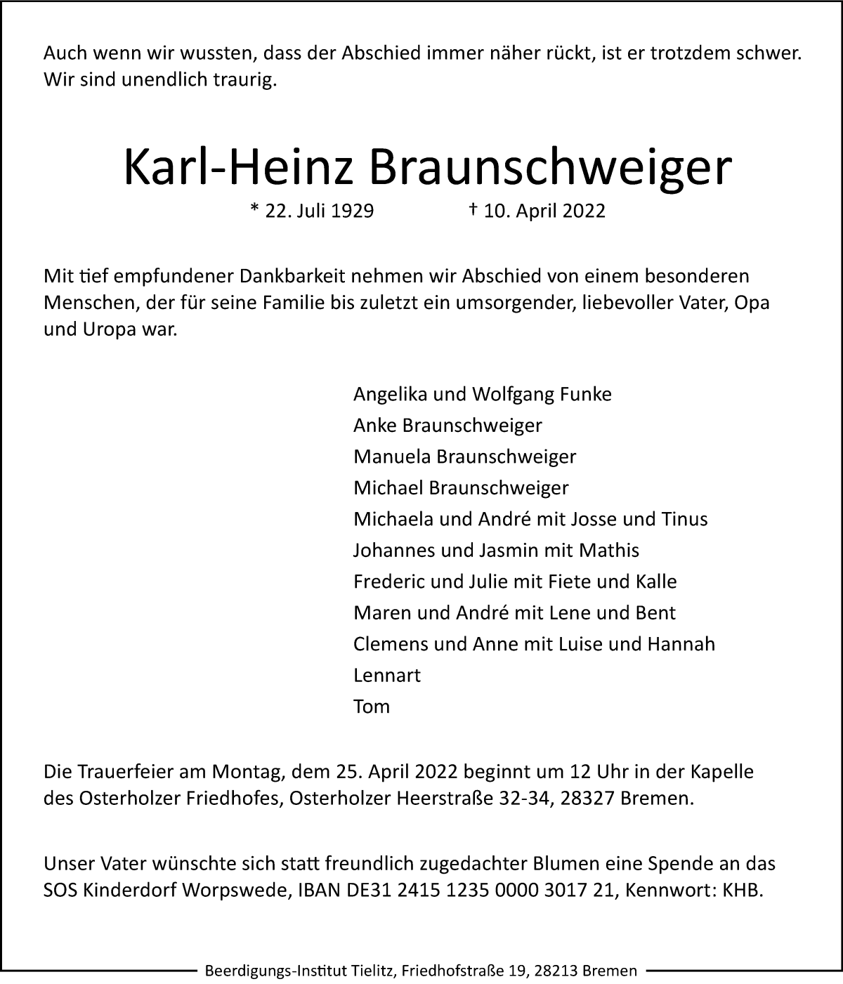 Traueranzeige von Karl-Heinz Braunschweiger von WESER-KURIER