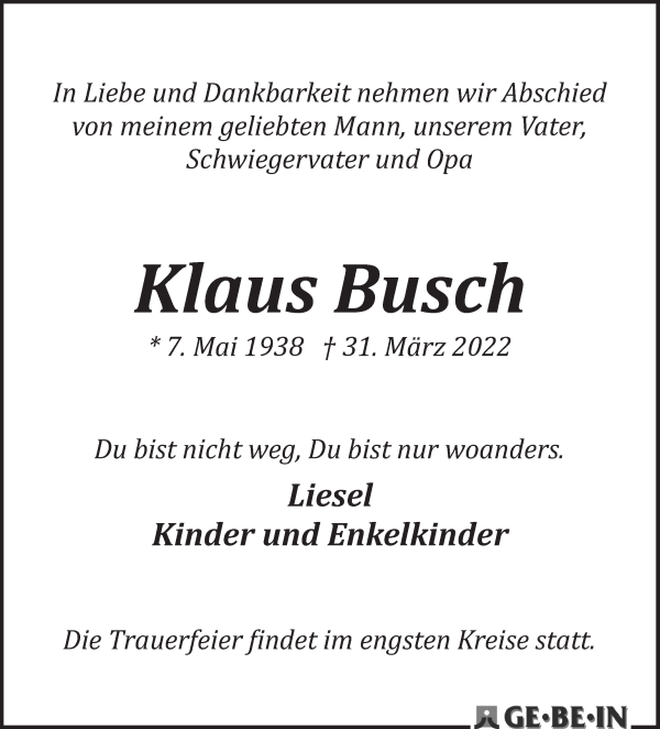 Traueranzeige von Klaus Busch von Osterholzer Kreisblatt