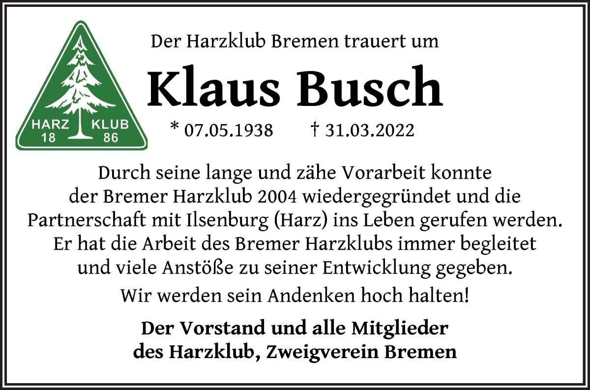  Traueranzeige für Klaus Busch vom 13.04.2022 aus WESER-KURIER