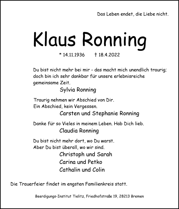 Traueranzeige von Klaus Ronning von WESER-KURIER