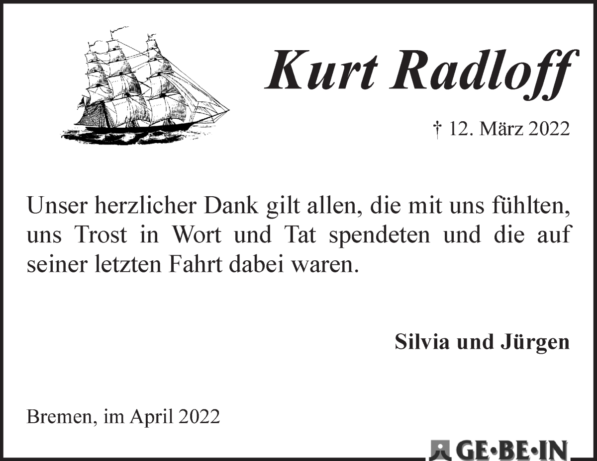  Traueranzeige für Kurt Radloff vom 30.04.2022 aus WESER-KURIER