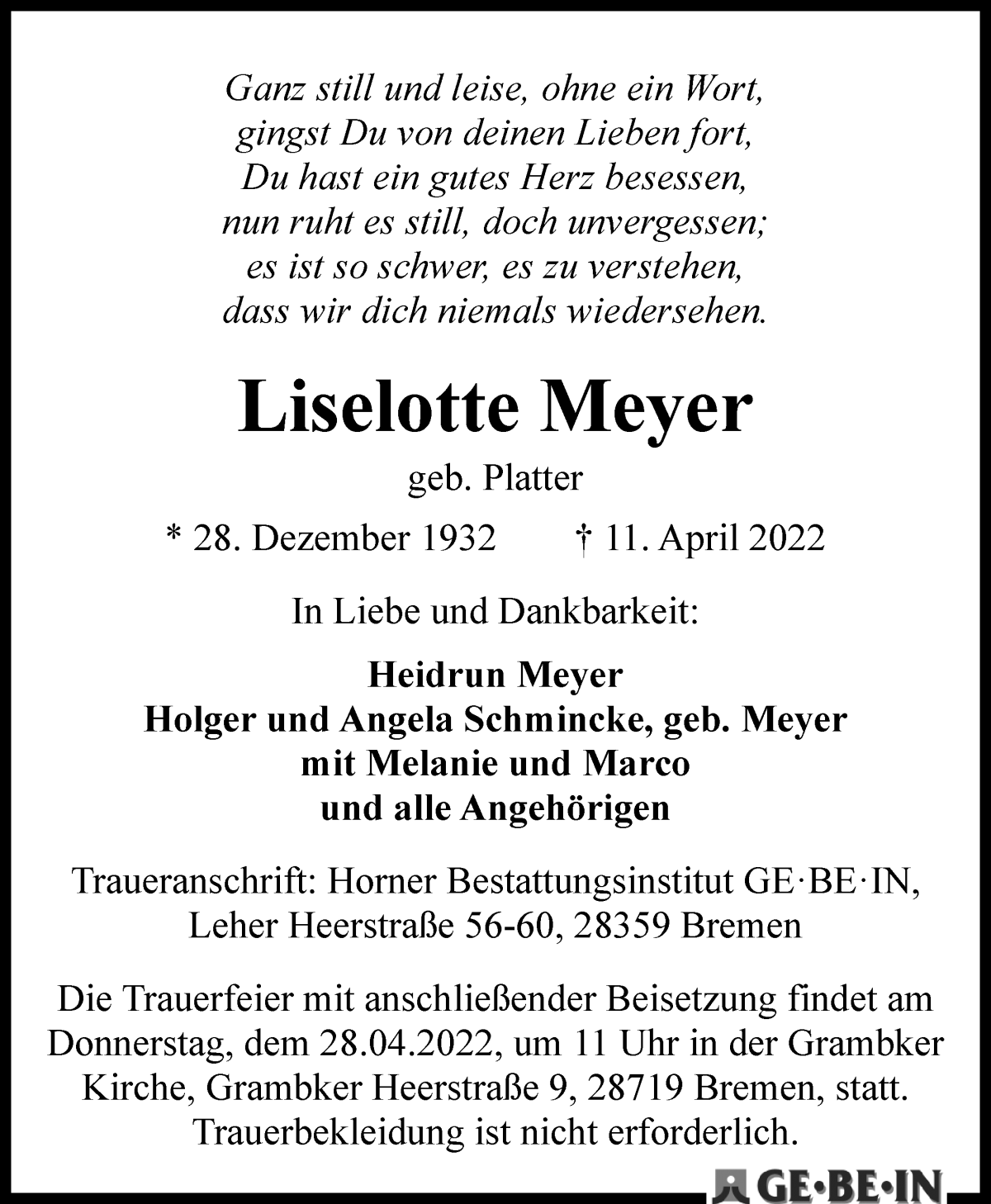 Traueranzeige von Liselotte Meyer von WESER-KURIER