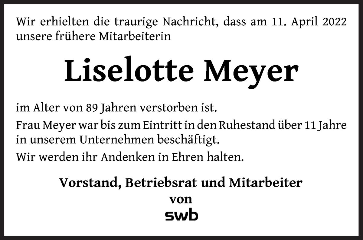 Traueranzeige von Liselotte Meyer von WESER-KURIER